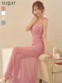 【ANGEL R/エンジェルアール】ショルダーリボン/ オフショルダー/ フラワー/ ビジュー/ メッシュ/ 2way/ タイト/ ロングドレス/ キャバドレス[OF2]