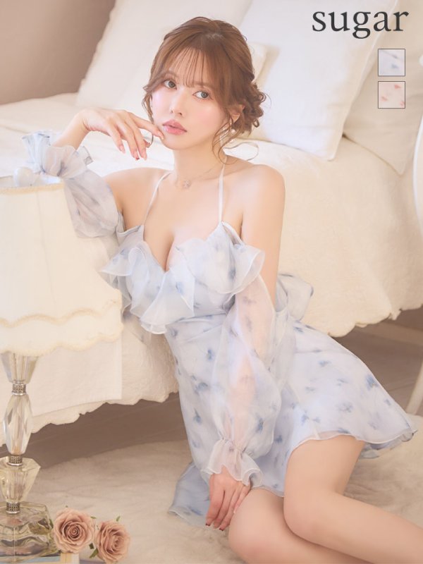 画像3: XSサイズあり【ANGEL R/エンジェルアール】オフショルダー/ シフォン/ パフスリーブ/ 花柄/ フレア/ マイクロミニドレス/ キャバドレス[OF2]