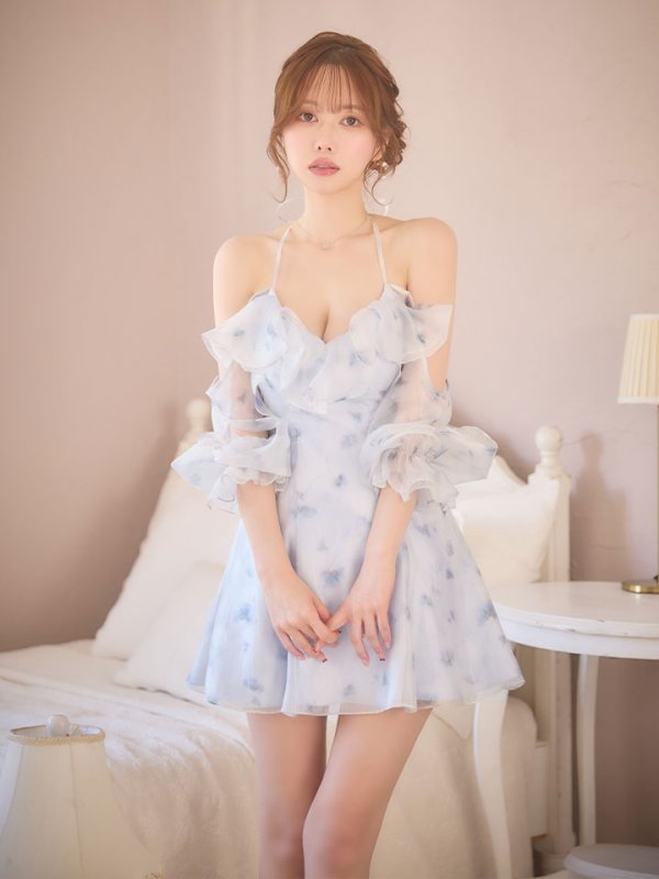 画像5: XSサイズあり【ANGEL R/エンジェルアール】オフショルダー/ シフォン/ パフスリーブ/ 花柄/ フレア/ マイクロミニドレス/ キャバドレス[OF2]