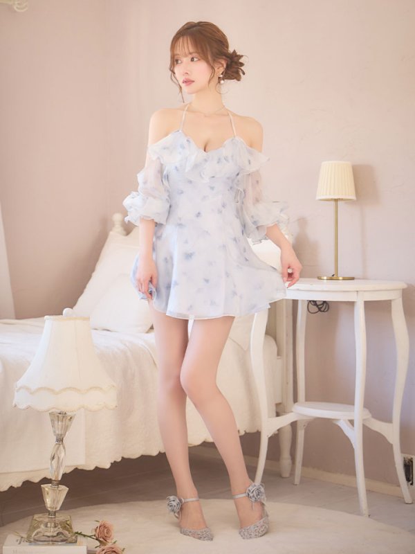 画像8: XSサイズあり【ANGEL R/エンジェルアール】オフショルダー/ シフォン/ パフスリーブ/ 花柄/ フレア/ マイクロミニドレス/ キャバドレス[OF2]