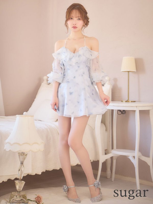 画像9: XSサイズあり【ANGEL R/エンジェルアール】オフショルダー/ シフォン/ パフスリーブ/ 花柄/ フレア/ マイクロミニドレス/ キャバドレス[OF2]