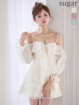 XSサイズあり【ANGEL R/エンジェルアール】オフショルダー/ ロングスリーブ/ ネックストラップ/ フラワー/ フリル/ フレア/ ミニドレス/ キャバドレス[OF2]