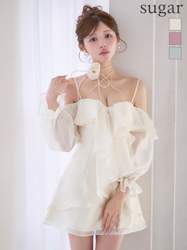 画像1: XSサイズあり【ANGEL R/エンジェルアール】オフショルダー/ ロングスリーブ/ ネックストラップ/ フラワー/ フリル/ フレア/ ミニドレス/ キャバドレス[OF2]