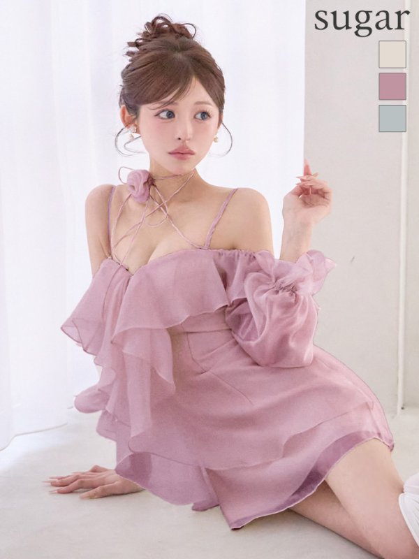 画像14: XSサイズあり【ANGEL R/エンジェルアール】オフショルダー/ ロングスリーブ/ ネックストラップ/ フラワー/ フリル/ フレア/ ミニドレス/ キャバドレス[OF2]