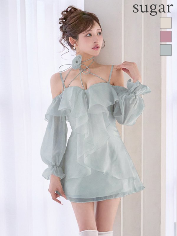 画像16: XSサイズあり【ANGEL R/エンジェルアール】オフショルダー/ ロングスリーブ/ ネックストラップ/ フラワー/ フリル/ フレア/ ミニドレス/ キャバドレス[OF2]