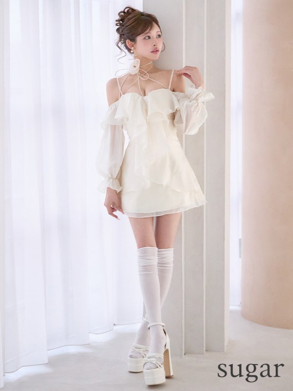 画像8: XSサイズあり【ANGEL R/エンジェルアール】オフショルダー/ ロングスリーブ/ ネックストラップ/ フラワー/ フリル/ フレア/ ミニドレス/ キャバドレス[OF2]