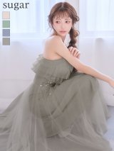 【ANGEL R/エンジェルアール】ベアトップ/ アッパーフリルデザイン/ ウエストビジュー/ 2way/ フレア/ ワンピース/ ミディアムドレス/ キャバドレス long[OF2]