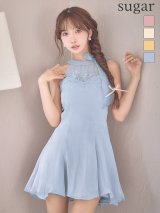 XSサイズあり【ANGEL R/エンジェルアール】ホルターネック/ リボン/ フラワー/ シアー/ ビジュー/ フレア/ マイクロミニドレス/ キャバドレス[OF2]