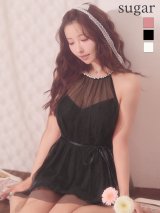 【予約商品/7月上旬-7月中旬発送予定】XSサイズあり【ANGEL R/エンジェルアール】ホルターネック/ フラワーレース/ ウエストリボン/ ビジュー/ フレア/ マイクロミニドレス/ キャバドレス[OF2]