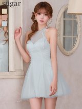 【予約商品/7月上旬-7月中旬発送予定】XSサイズあり【ANGEL R/エンジェルアール】ホルターネック/ リボン/ ビジュー/ シアー/ フレア/ マイクロミニドレス/ キャバドレス[OF2]