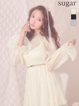 【予約商品/7月中旬-7月下旬発送予定】XSサイズあり【ANGEL R/エンジェルアール】プリーツチュール/ ネックビジュー/ シフォン/ ベルト/ ロングスリーブ/ レース/ フレア/ マイクロミニドレス/ キャバドレス[OF2]