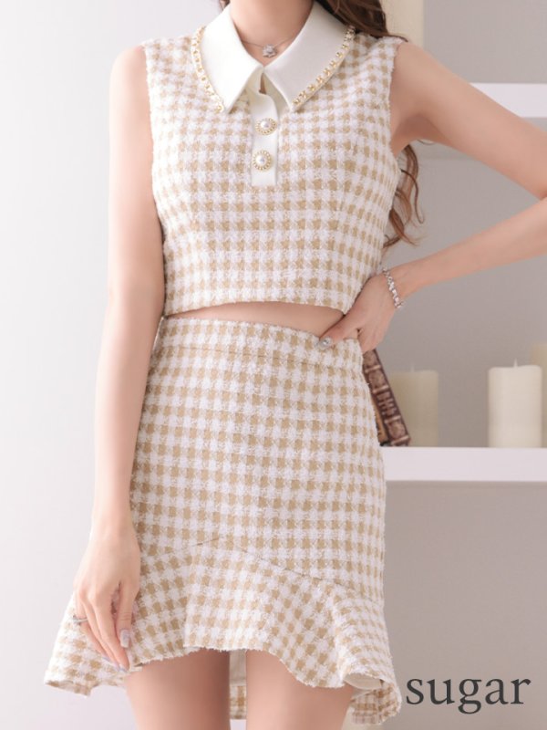 画像8: XSサイズあり【an/アン】ツイード/ ギンガムチェック/ マーメイド/ チェーンパイピング/ パールボタン/ セットアップ/ ツーピース/ ミニドレス/ キャバドレス[OF05]