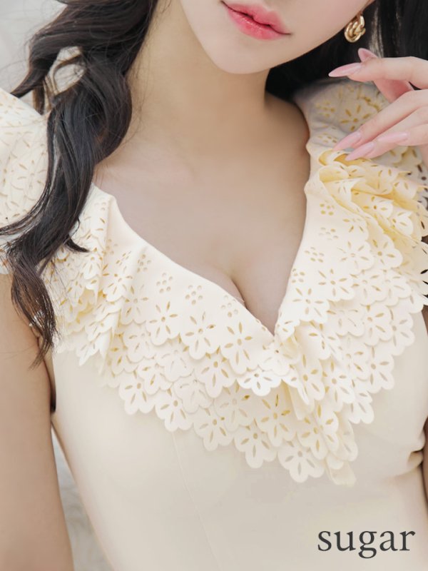 画像10: 【Lip line/リップライン】フラワーカット/ フリル/ Vネック/ ノースリーブ/ ワンカラー/ タイト/ ミニドレス / キャバドレス[HC03]