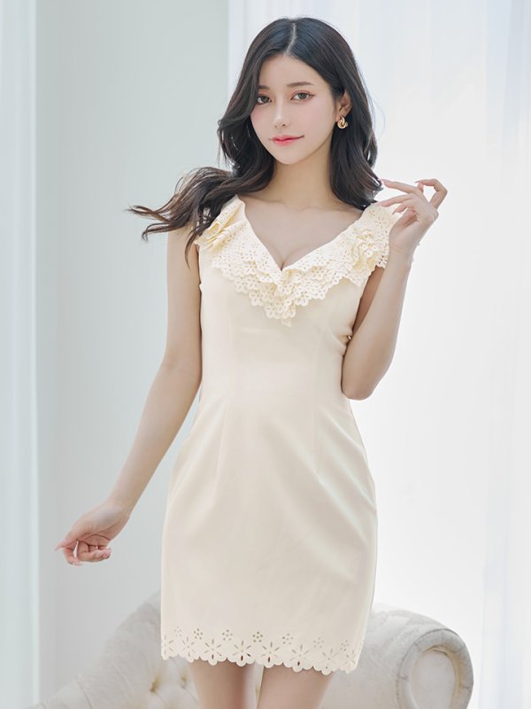 画像6: 【Lip line/リップライン】フラワーカット/ フリル/ Vネック/ ノースリーブ/ ワンカラー/ タイト/ ミニドレス / キャバドレス[HC03]