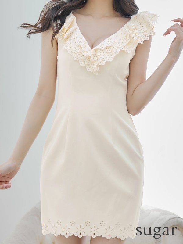 画像8: 【Lip line/リップライン】フラワーカット/ フリル/ Vネック/ ノースリーブ/ ワンカラー/ タイト/ ミニドレス / キャバドレス[HC03]