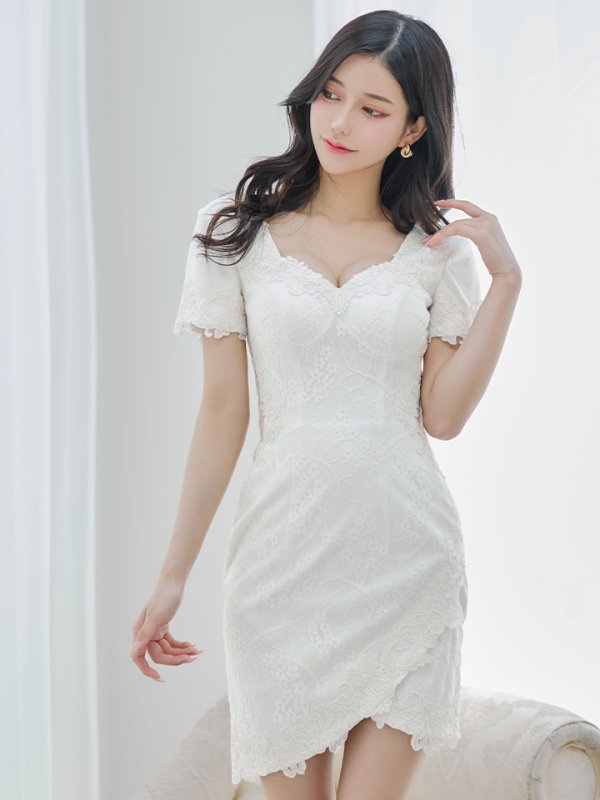 画像7: 【Lip line/リップライン】フラワーレース/ 半袖/ 袖あり/ ワンカラー/ サイドシアー/ タイト/ ミニドレス / キャバドレス[HC03]