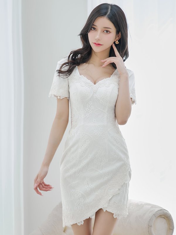 画像8: 【Lip line/リップライン】フラワーレース/ 半袖/ 袖あり/ ワンカラー/ サイドシアー/ タイト/ ミニドレス / キャバドレス[HC03]