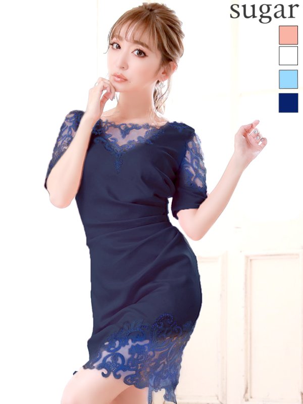 【Lip line/リップライン】ワンカラー/ 刺繍レース/ ショートスリーブ/ タイト/ ミニドレス/ キャバドレス/杉山佳那恵ちゃん着用