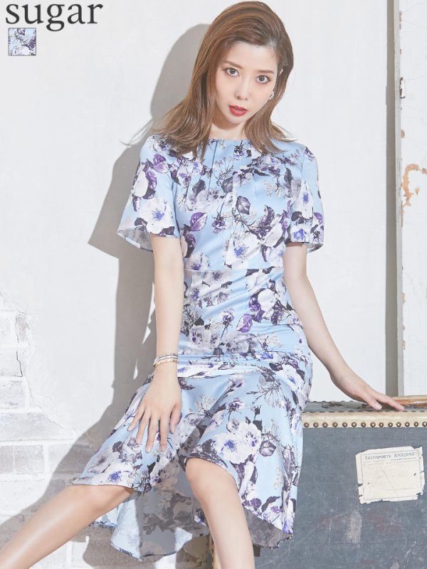 【GINZA COUTURE/銀座クチュール】フラワープリント/ ショートスリーブ/ タックデザイン/ ミディアム丈/ ワンピース/ キャバドレス