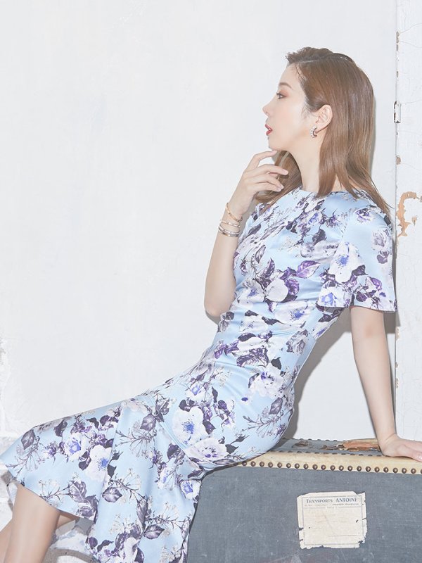 画像4: 【GINZA COUTURE/銀座クチュール】フラワープリント/ ショートスリーブ/ タックデザイン/ ミディアム丈/ ワンピース/ キャバドレス[OF2]