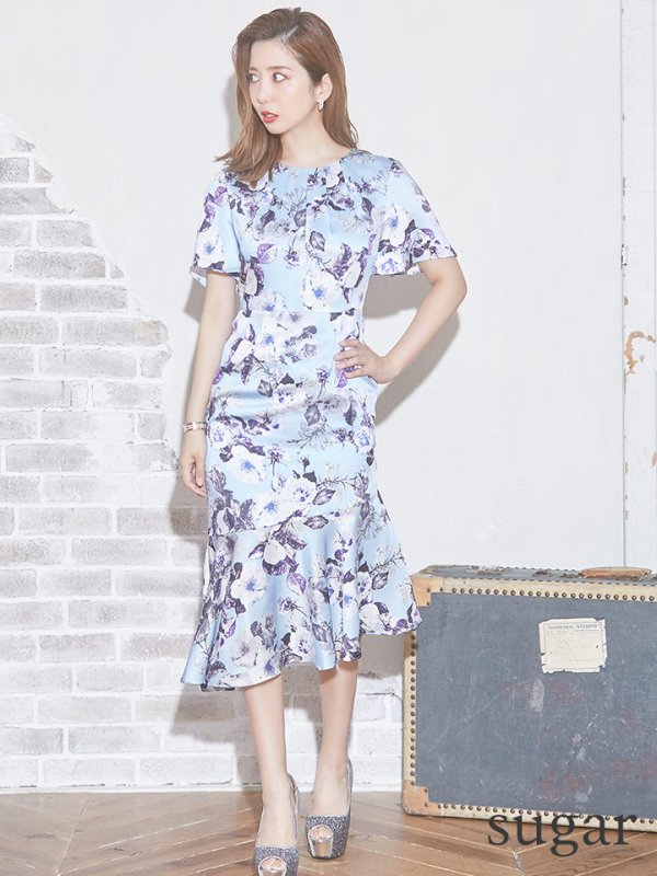 画像9: 【GINZA COUTURE/銀座クチュール】フラワープリント/ ショートスリーブ/ タックデザイン/ ミディアム丈/ ワンピース/ キャバドレス[OF2]