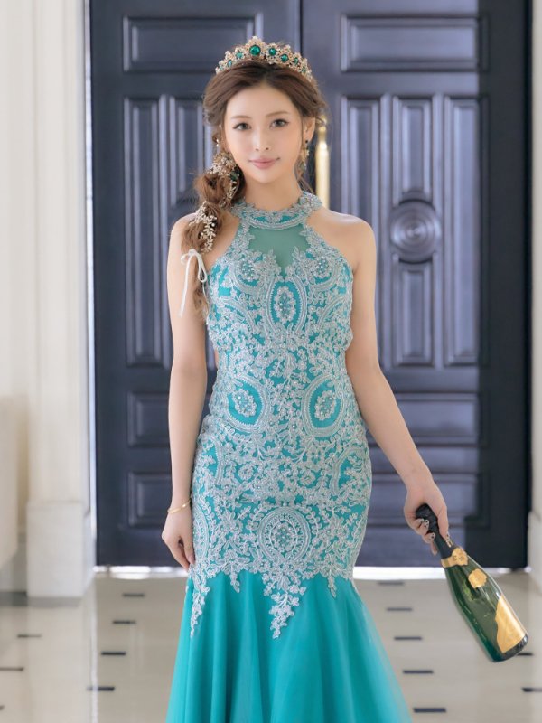 画像6: 【関西コレクション着用】【Lip line/リップライン】デザイン刺繍/ ホルターネック/ バックレス/ Aライン/ キャバドレス long[HC03]