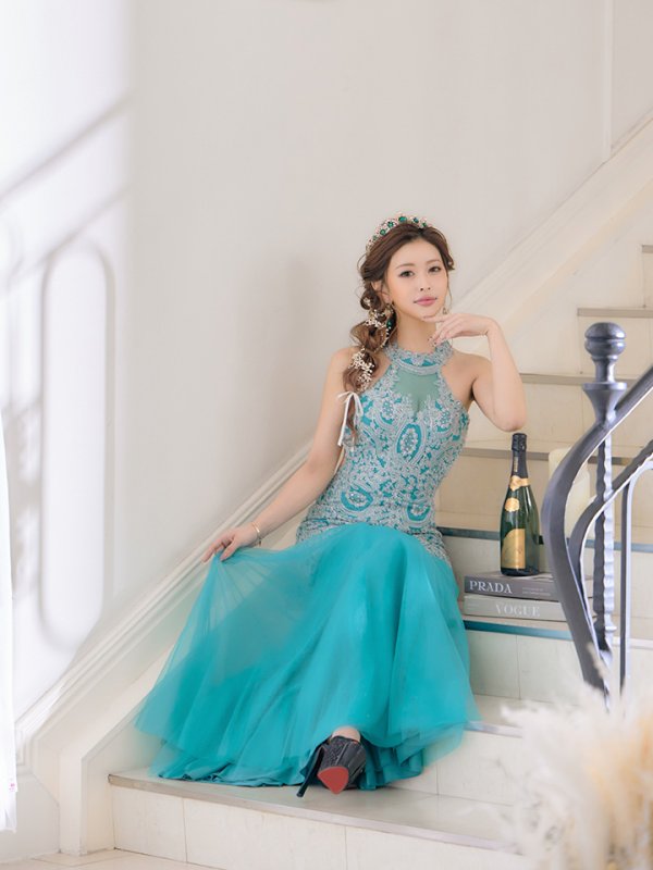 画像7: 【関西コレクション着用】【Lip line/リップライン】デザイン刺繍/ ホルターネック/ バックレス/ Aライン/ キャバドレス long[HC03]