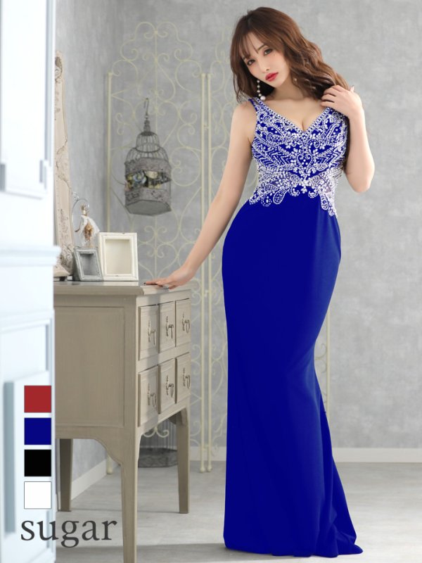 【Lip line/リップライン】ビーズ刺繍/ シアーレース/ ストレッチ/ キャバドレス long/ロイヤルブルー