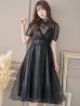 Lサイズあり【DEA. by ROBE de FLEURS/ディアバイローブドフルール】チュールxレースブラウスセット/ パフスリーブ/ キャミソール/ フレア/ ミモレ丈/ ワンピース/ キャバドレス ブラック