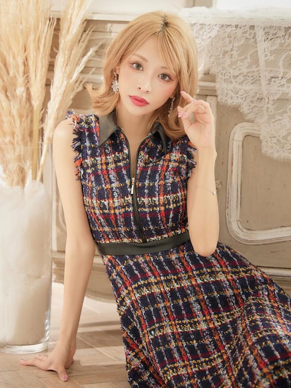 画像12: 門りょうちゃん着用☆sugar限定カラー☆Lサイズあり【DEA./ディア】襟フロントジップ/ ツイード/ ミディアム丈/ ひざ丈/ ミニドレス/ フレア/キャバドレス【OF08】