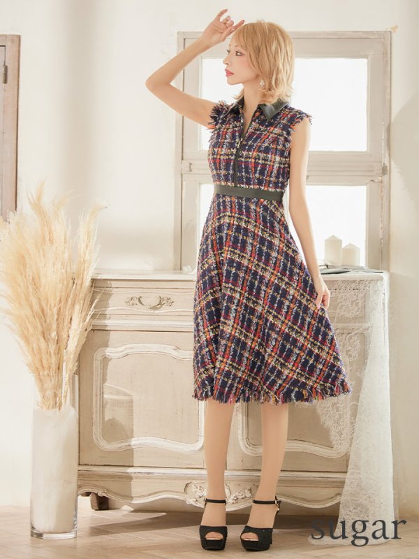 画像13: 門りょうちゃん着用☆sugar限定カラー☆Lサイズあり【DEA./ディア】襟フロントジップ/ ツイード/ ミディアム丈/ ひざ丈/ ミニドレス/ フレア/キャバドレス【OF08】