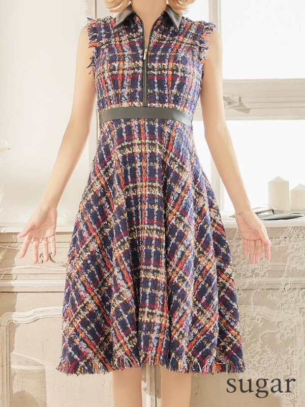 画像14: 門りょうちゃん着用☆sugar限定カラー☆Lサイズあり【DEA./ディア】襟フロントジップ/ ツイード/ ミディアム丈/ ひざ丈/ ミニドレス/ フレア/キャバドレス【OF08】