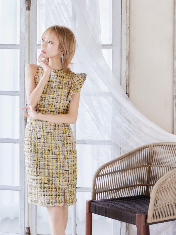 画像36: Lサイズあり【DEA./ディア】ツイード/ アシンメトリー/ タイト/ ミディアム丈/ ワンピース/ ミニドレス/ キャバドレス【OF08】