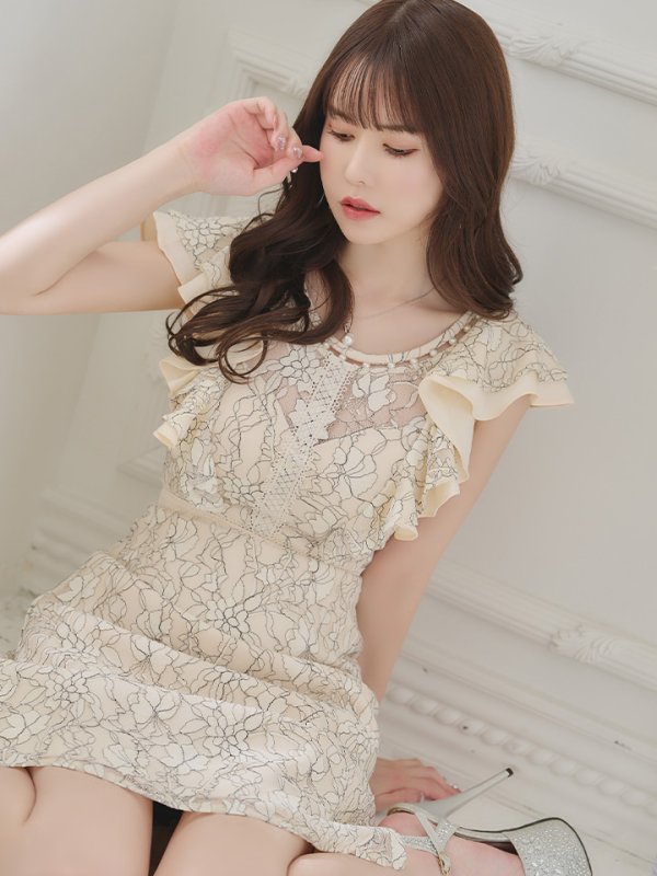 画像3: Lサイズあり【DEA./ディア】ワンピース/ 総レース/ パール/ フリル袖/ 袖あり/ 膝丈/ フレア/ミディアム/ キャバドレス【OF08】