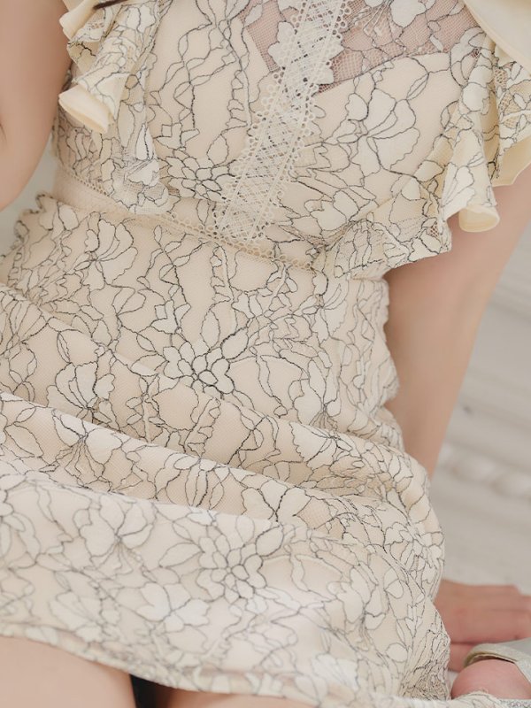 画像6: Lサイズあり【DEA./ディア】ワンピース/ 総レース/ パール/ フリル袖/ 袖あり/ 膝丈/ フレア/ミディアム/ キャバドレス【OF08】