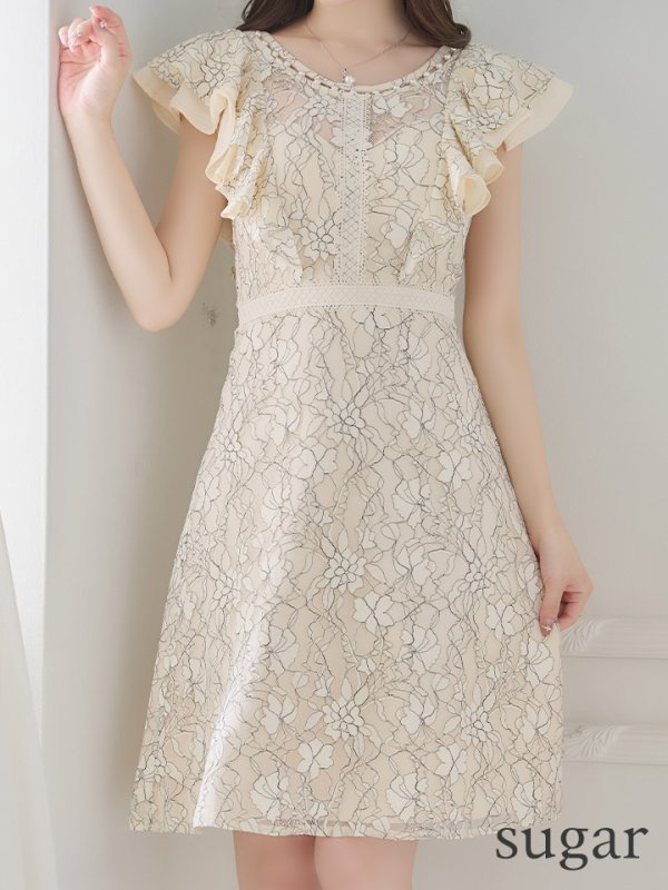 画像8: Lサイズあり【DEA./ディア】ワンピース/ 総レース/ パール/ フリル袖/ 袖あり/ 膝丈/ フレア/ミディアム/ キャバドレス【OF08】