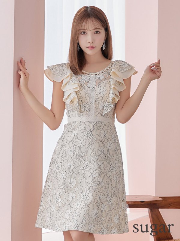 画像1: Lサイズあり【DEA. by ROBE de FLEURS/ディアバイローブドフルール】ワンピース/ 総レース/ パール/ フリル袖/ 袖あり/ 膝丈/ ミディアム/ キャバドレス[OF2]