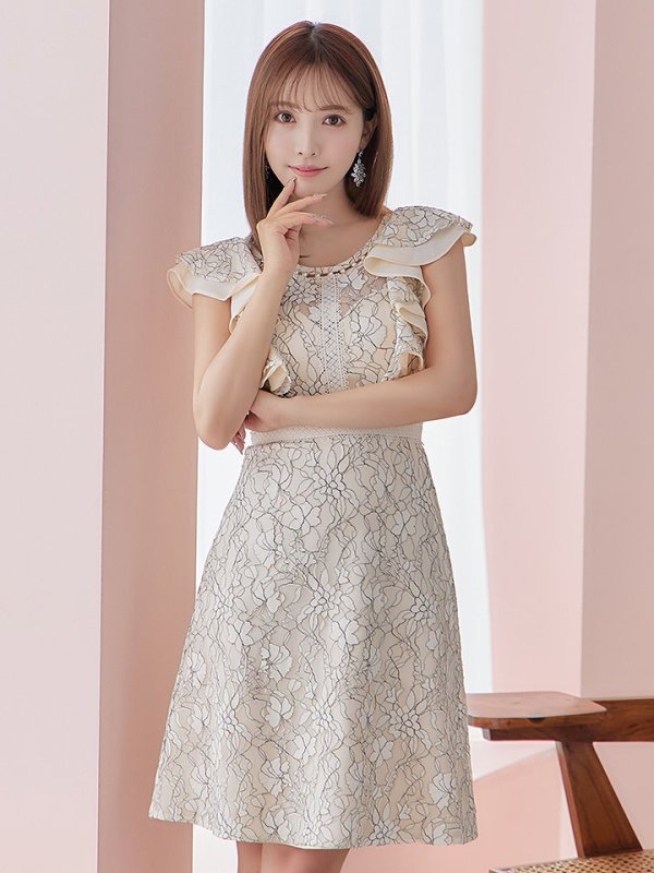 画像6: Lサイズあり【DEA./ディア】ワンピース/ 総レース/ パール/ フリル袖/ 袖あり/ 膝丈/ ミディアム/ キャバドレス【OF08】