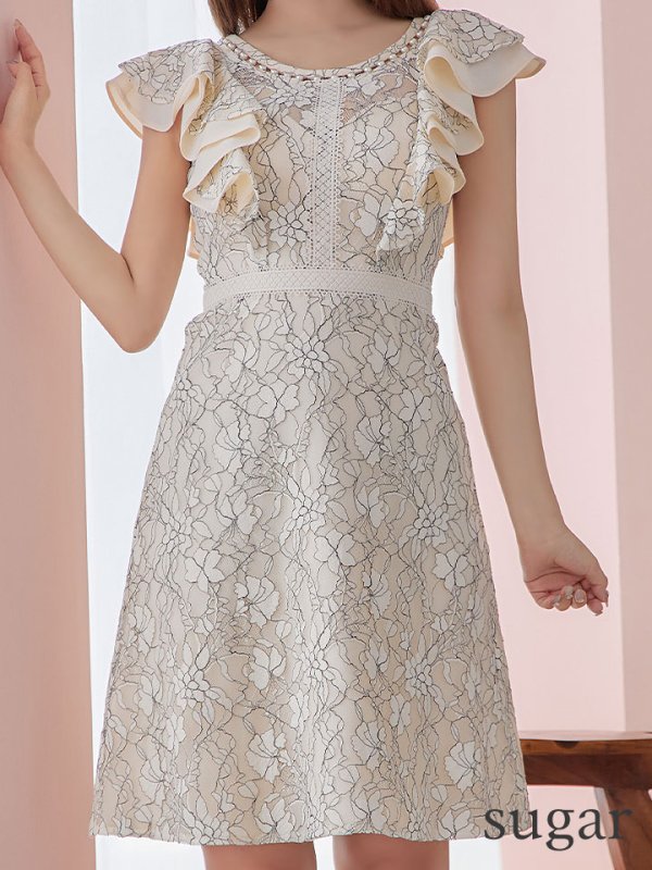 画像8: Lサイズあり【DEA./ディア】ワンピース/ 総レース/ パール/ フリル袖/ 袖あり/ 膝丈/ ミディアム/ キャバドレス【OF08】