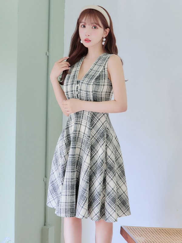 画像4: Lサイズあり【DEA./ディア】チェックプリント/ ツイード/ ノースリーブ/ 膝丈/ Aライン/ フレア/ ワンピース/ ミディアムドレス/ キャバドレス【OF08】