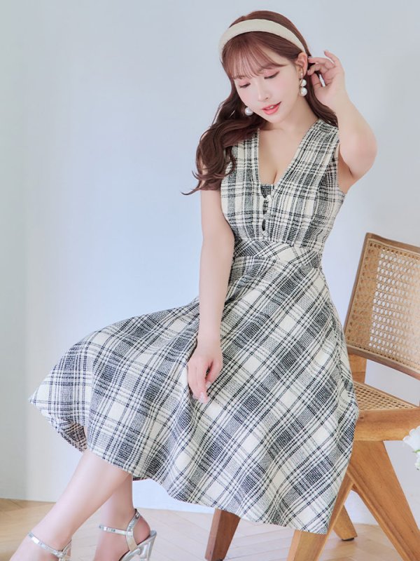 画像5: Lサイズあり【DEA./ディア】チェックプリント/ ツイード/ ノースリーブ/ 膝丈/ Aライン/ フレア/ ワンピース/ ミディアムドレス/ キャバドレス【OF08】