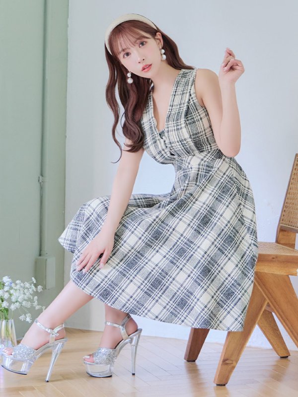 画像6: Lサイズあり【DEA./ディア】チェックプリント/ ツイード/ ノースリーブ/ 膝丈/ Aライン/ フレア/ ワンピース/ ミディアムドレス/ キャバドレス【OF08】