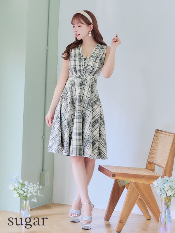 画像7: Lサイズあり【DEA./ディア】チェックプリント/ ツイード/ ノースリーブ/ 膝丈/ Aライン/ フレア/ ワンピース/ ミディアムドレス/ キャバドレス【OF08】