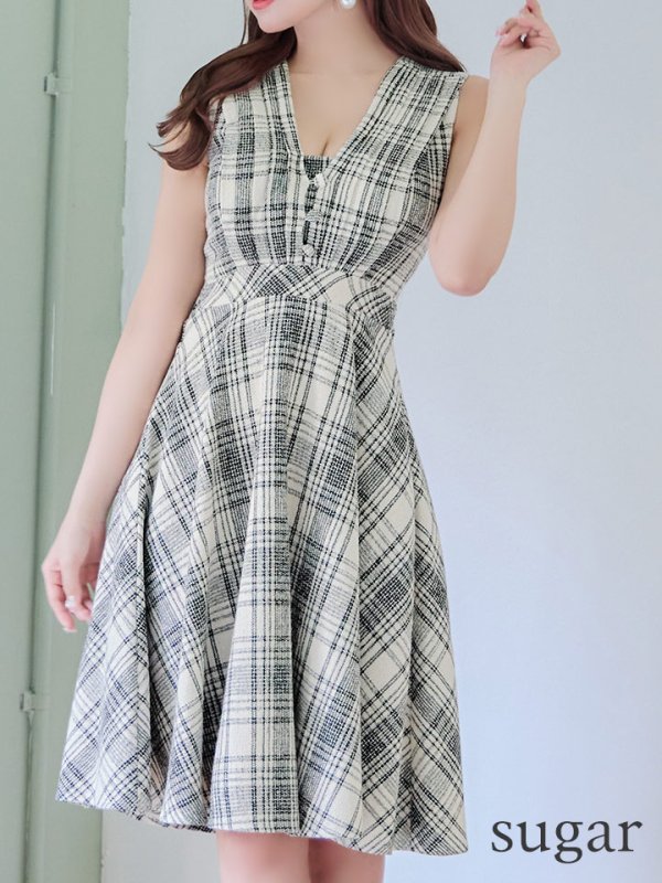 画像8: Lサイズあり【DEA./ディア】チェックプリント/ ツイード/ ノースリーブ/ 膝丈/ Aライン/ フレア/ ワンピース/ ミディアムドレス/ キャバドレス【OF08】