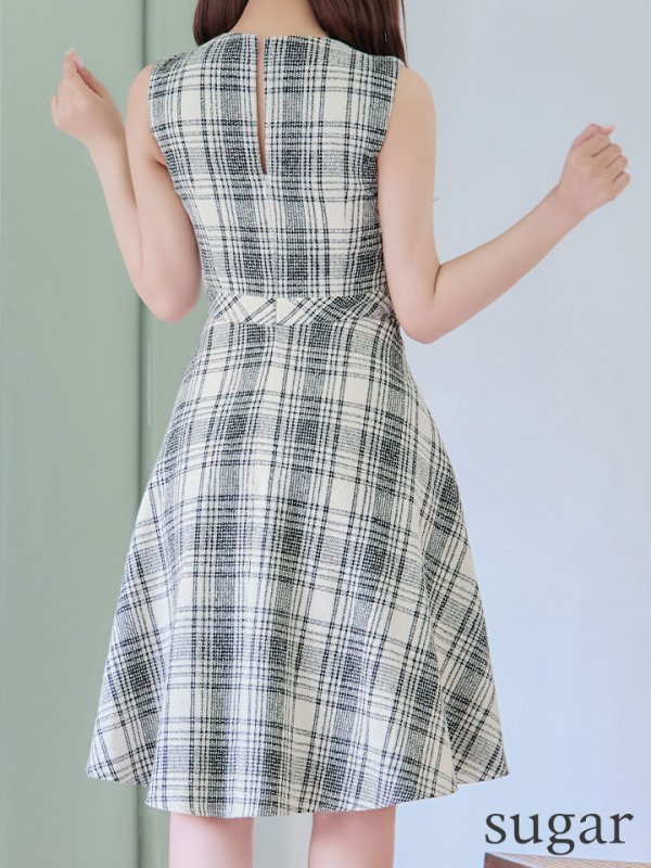 画像9: Lサイズあり【DEA./ディア】チェックプリント/ ツイード/ ノースリーブ/ 膝丈/ Aライン/ フレア/ ワンピース/ ミディアムドレス/ キャバドレス【OF08】