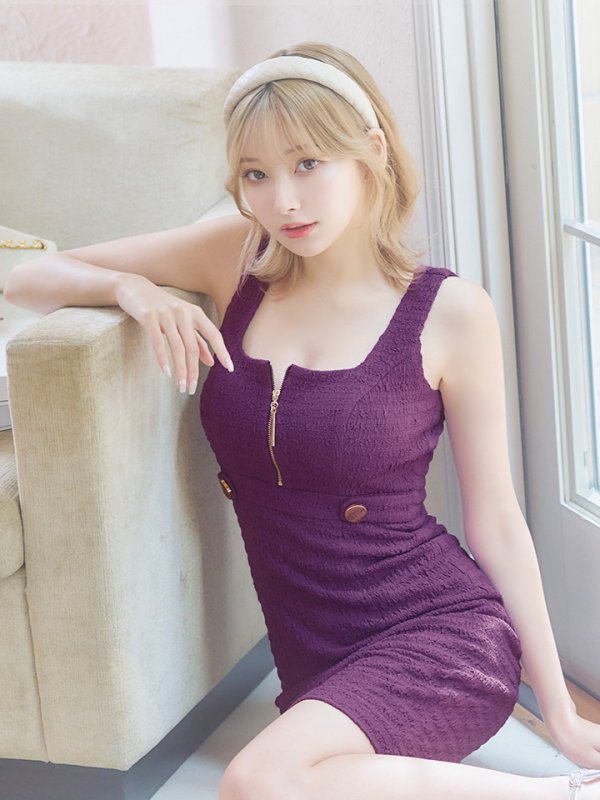 画像4: XS-Lサイズあり☆【DEA./ディア】ジップ/ ZIP/ ワッフル/ ノースリーブ/ タイト/ ミディアム丈/ キャバドレス【OF08】