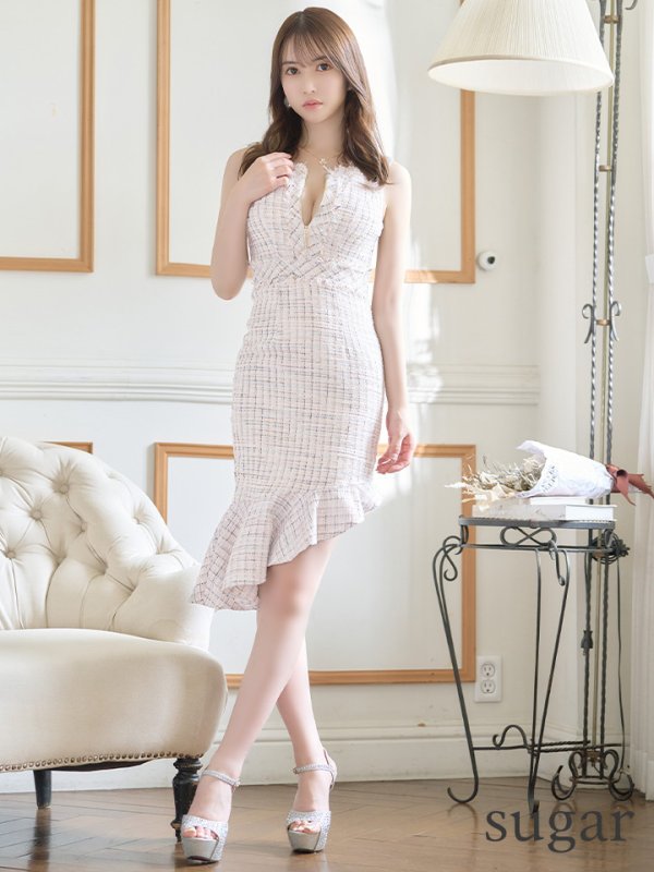 画像7: XS-Lサイズあり【DEA./ディア】マーメイド/ ラメツイード/ アシンメトリーフリル/ フロントジップ/ ミディアムドレス/ キャバドレス【OF08】