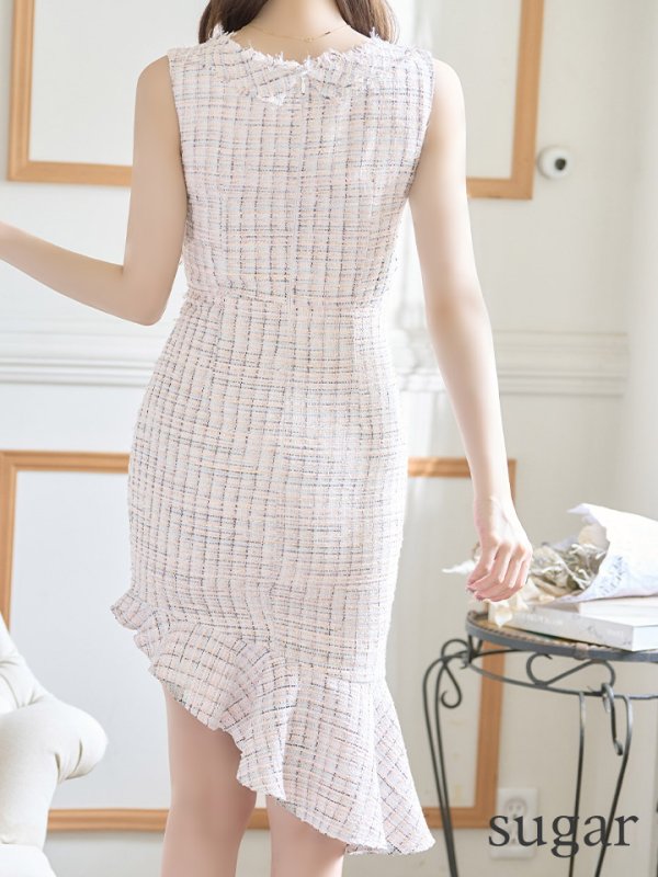 画像9: XS-Lサイズあり【DEA./ディア】マーメイド/ ラメツイード/ アシンメトリーフリル/ フロントジップ/ ミディアムドレス/ キャバドレス【OF08】