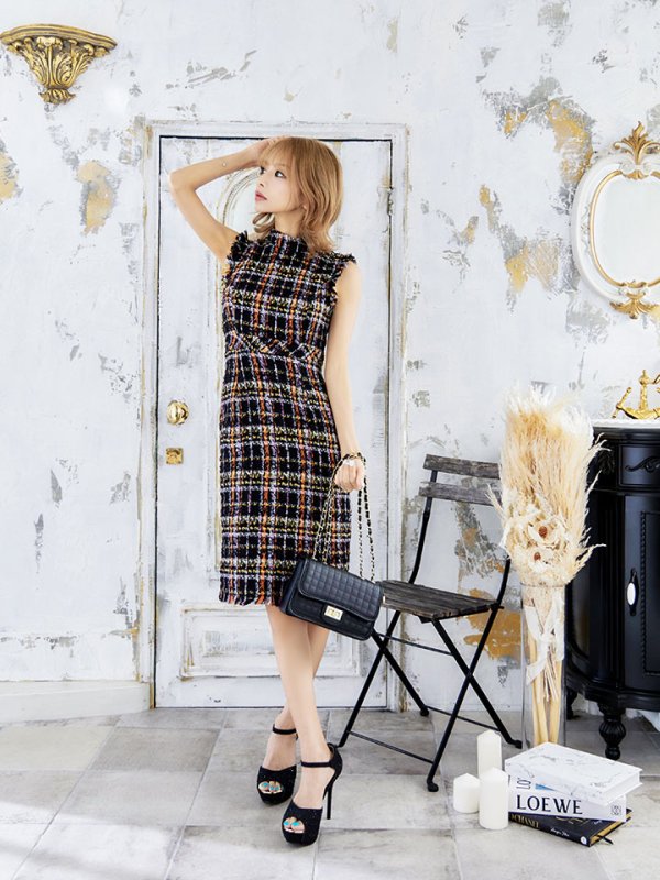 画像4: 門りょうちゃん着用Lサイズあり【DEA./ディア】ノースリーブ/ ツイード/ フリンジ/ タイト/ ミディアム丈/ ワンピース/ キャバドレス【OF08】