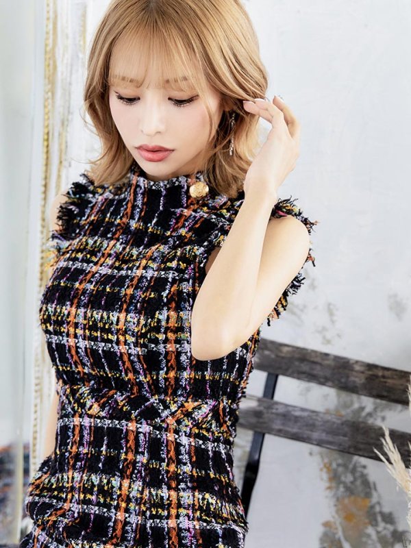 画像7: 門りょうちゃん着用Lサイズあり【DEA./ディア】ノースリーブ/ ツイード/ フリンジ/ タイト/ ミディアム丈/ ワンピース/ キャバドレス【OF08】
